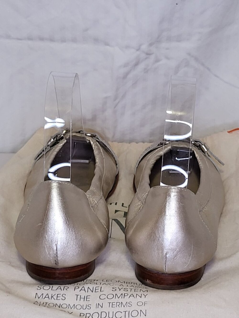 AGL Ballet Flats Size 37 Metallic Champagne Leather Buckle Patent Cap Toe Italy - Picture 2 of 4